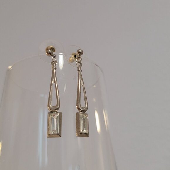 Vintage Silver Tone Earrings Drop Dangle Sparkly Crystal - Picture 3 of 5